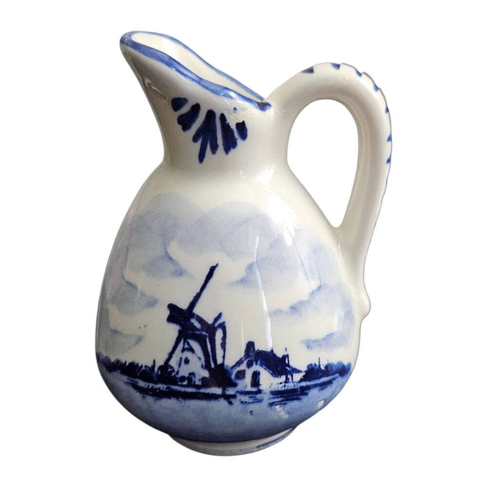 Delft Blue Made in Holland Hand Painted Windmill Floral Ceramic Pitcher